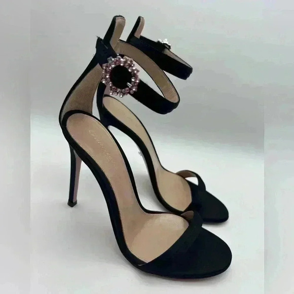 Gianvito Rossi Shoes - GIANVITO ROSSI Ava Crystal Embellished Satin Sandals Heels Black Size 37
